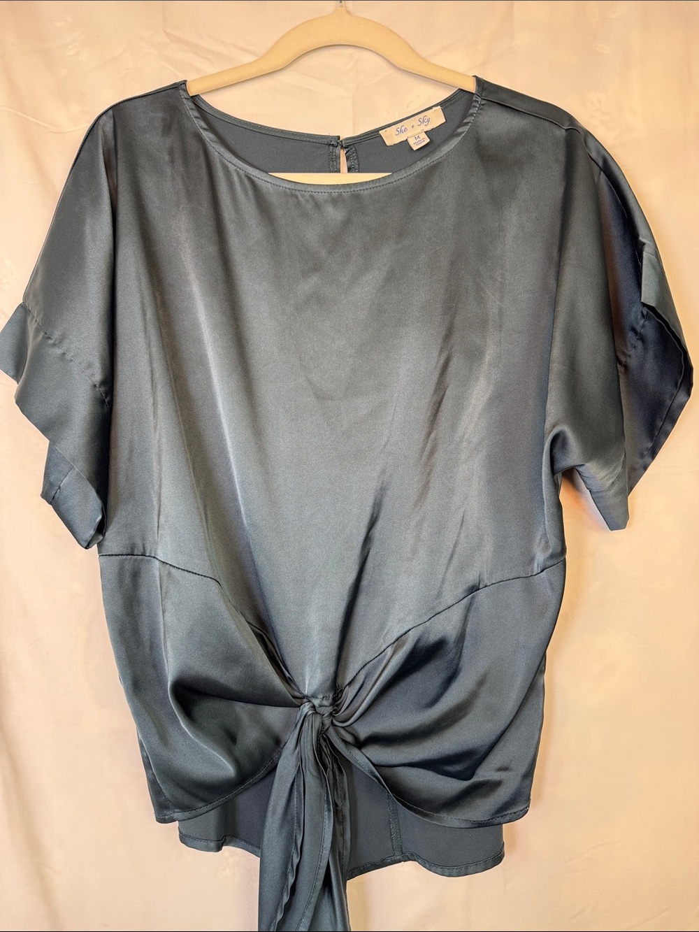 She + Sky Slate Blue Satin Tie-Front Blouse